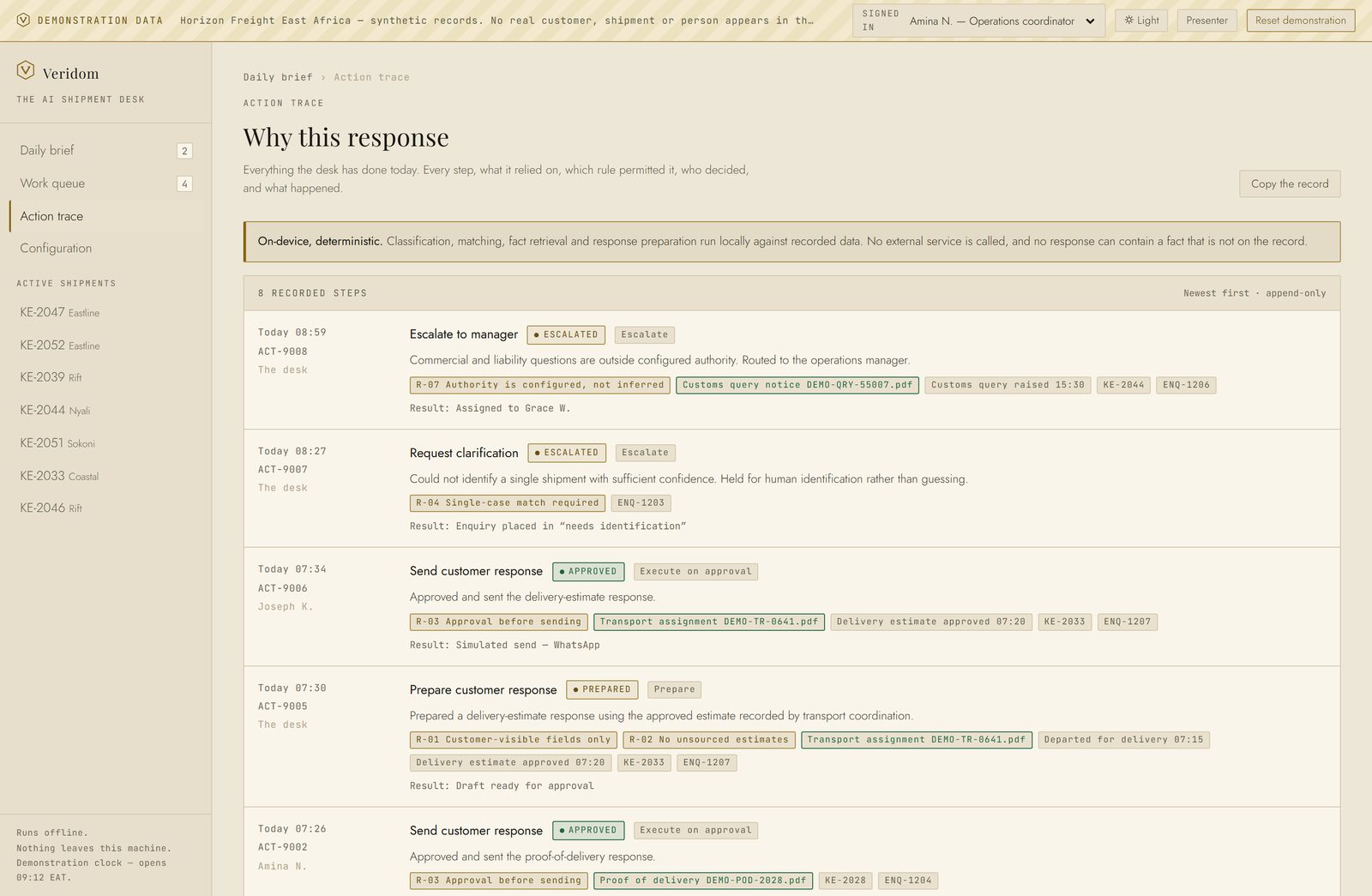 The AI Shipment Desk action trace showing every action with its basis, rule and approver